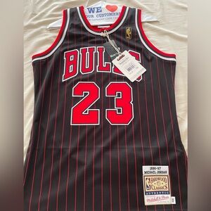 Authentic Mitchell & Ness Black and Red Bulls Jersey